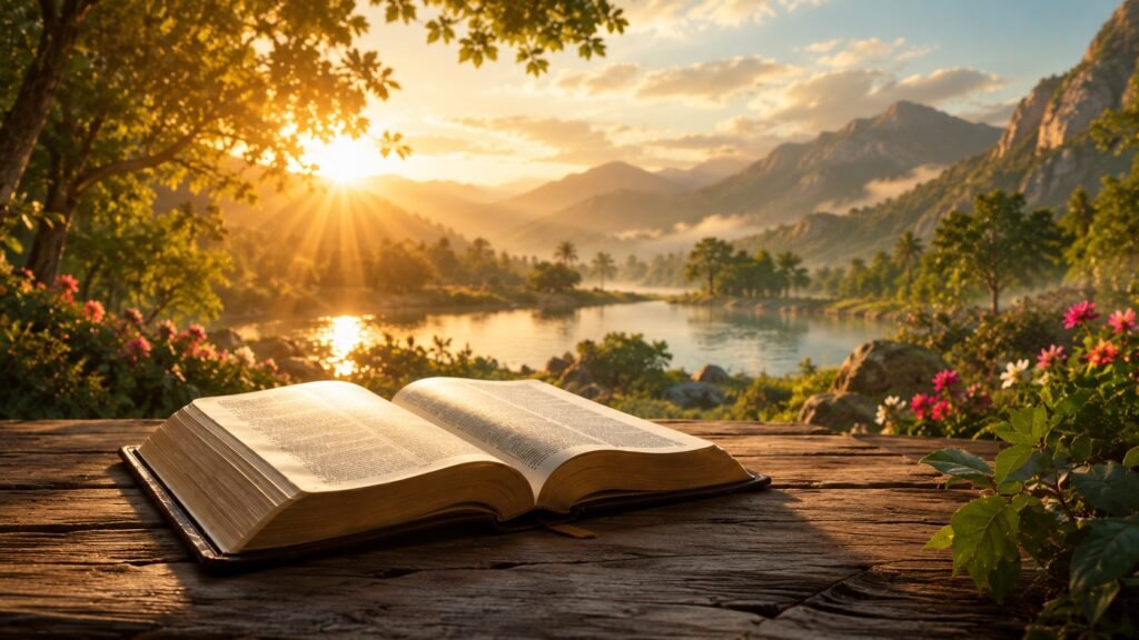 Amanecer sobre la naturaleza representando el comienzo en el libro de Génesis