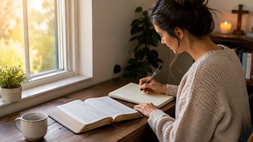 Persona estudiando la Biblia con un cuaderno abierto sobre una mesa