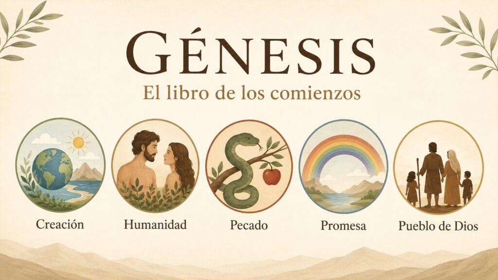Infografía sencilla sobre los comienzos principales en el libro de Génesis
