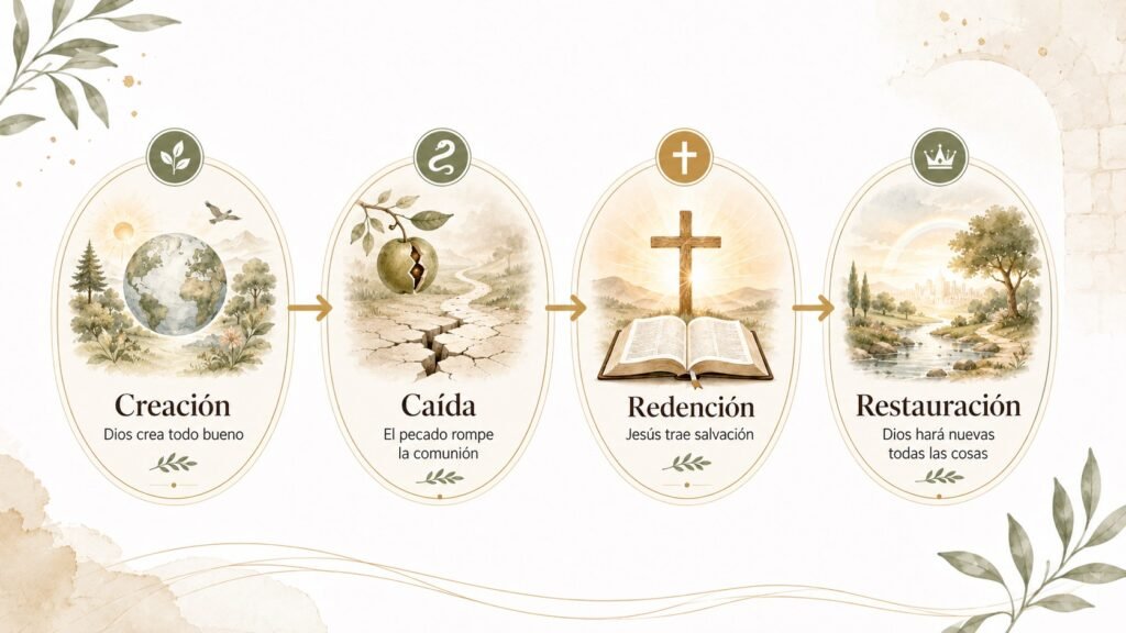 Infografía sobre creación caída redención y restauración en la Biblia