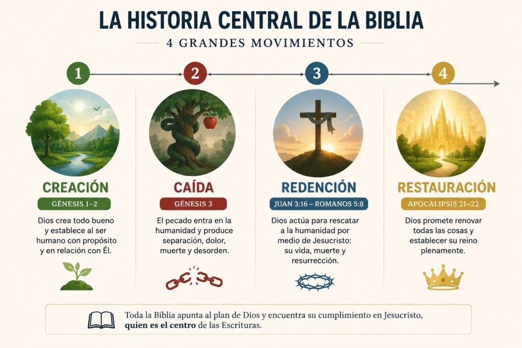 Infografía sobre creación caída redención y restauración en la Biblia